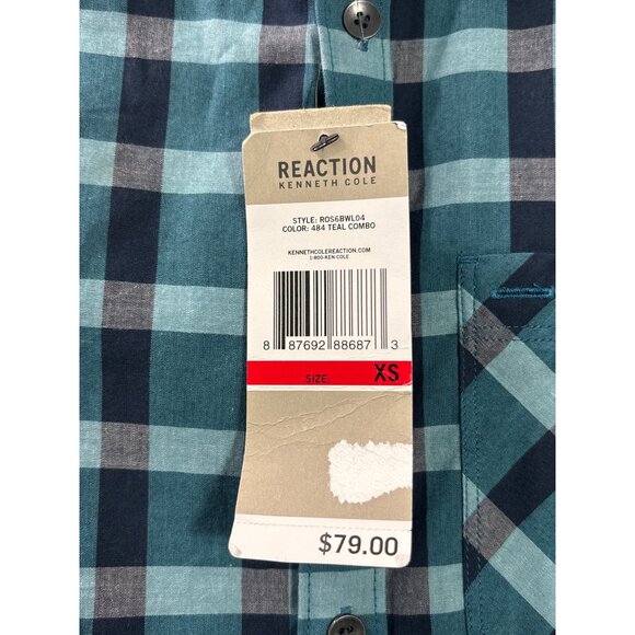 Kenneth Cole Reaction Teal Black Plaid Button Down Shirt Long Sleeve Cotton New - Picture 2 of 3